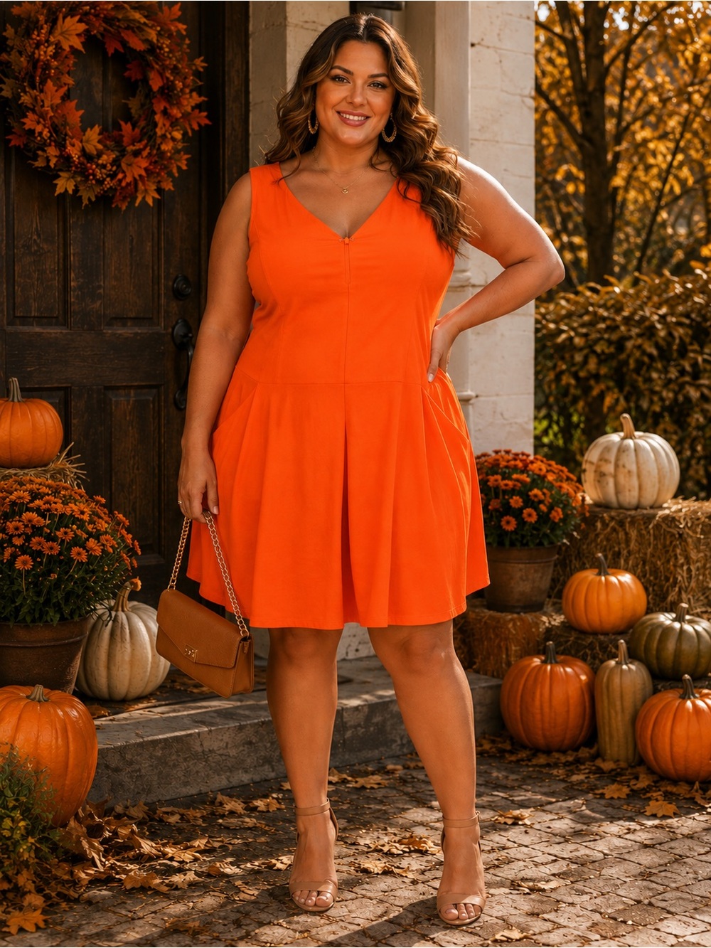 Ashley Stewart Orange Sleeveless V-Neck Top Modern Fall Dress
